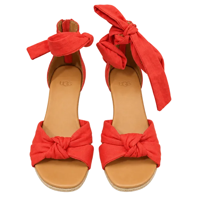 UGG Wedge Espadrille Sandals Size 8.5 Red Canvas Suede Ankle Tie
