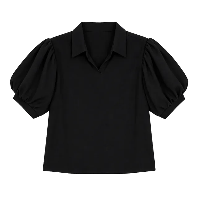HYFVE Puff Sleeve Blouse Size L Black Collared Button Down Top
