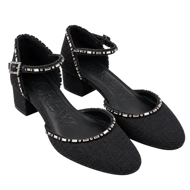 J.Crew Crystal Embellished Black Tweed Mary Jane Block Heels Size 5.5
