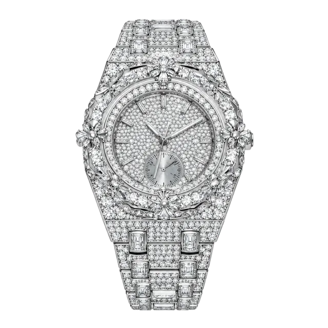 Silver Iced Out Rhinestone Fashion Watch – Floral Bezel