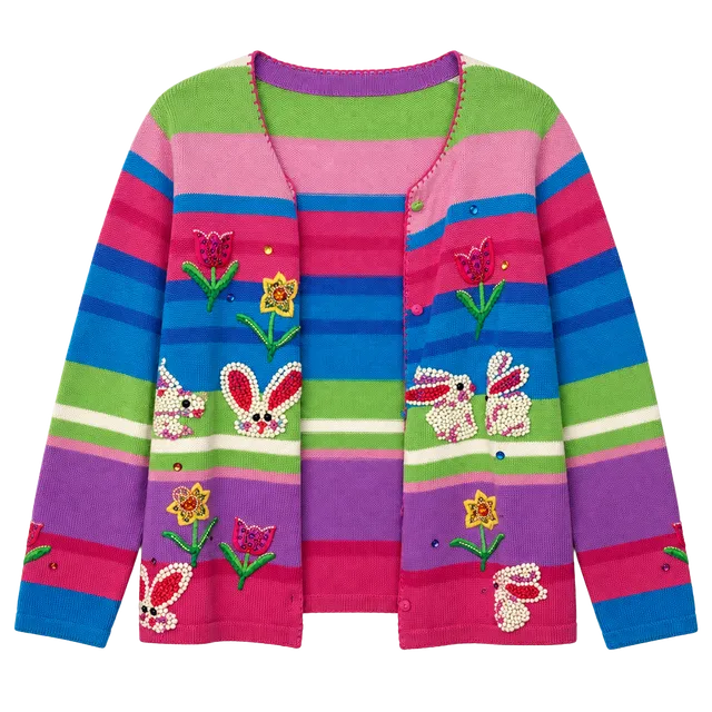 Morgan Cole Cardigan Size S Multicolored Easter Bunny Beaded Knit