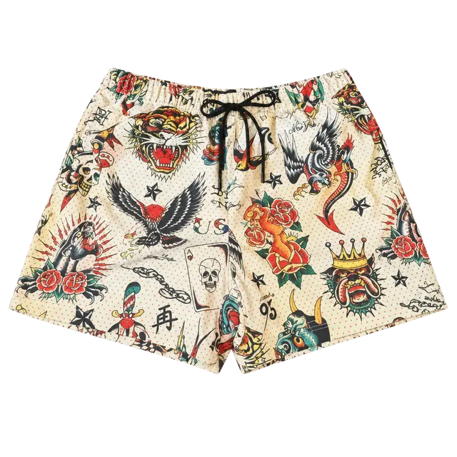 Ed Hardy Flashboard Mesh Shorts Size L Tattoo Graphic Multi