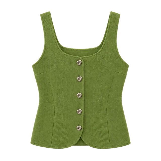 Zara Knit Tank Top Size M Green Button Front Square Neck