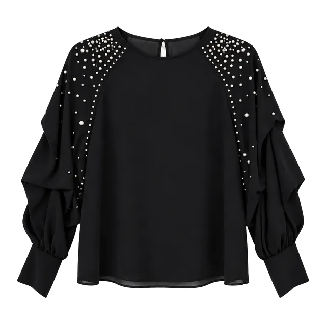 Zara Basic Collection Blouse Size M Black Studded Long Sleeve