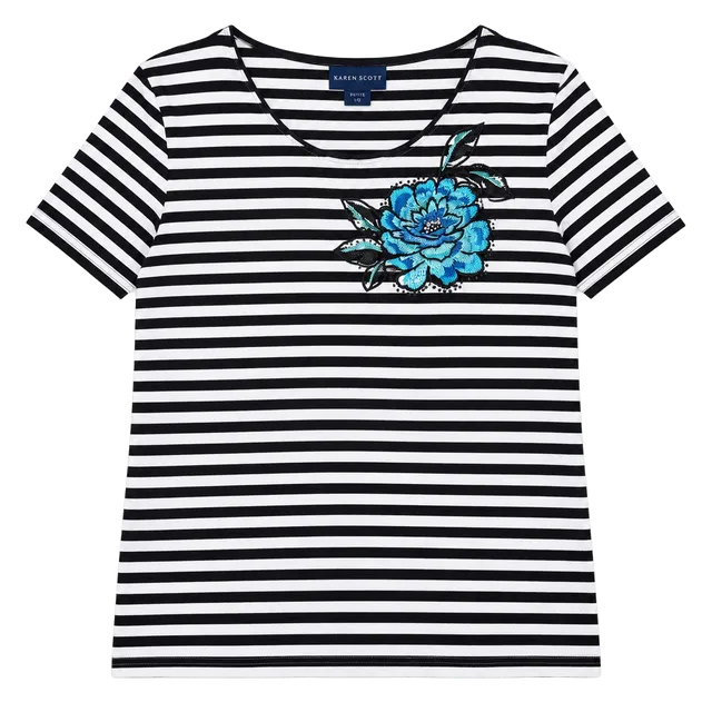 Karen Scott Striped Floral Embroidered Top