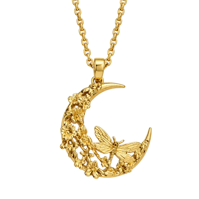 Gold Moon Dragonfly Floral Pendant Necklace