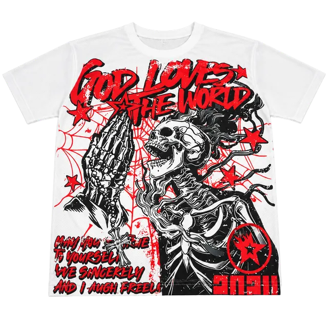 God Loves The World Graphic T-Shirt Size M White Red Skeleton