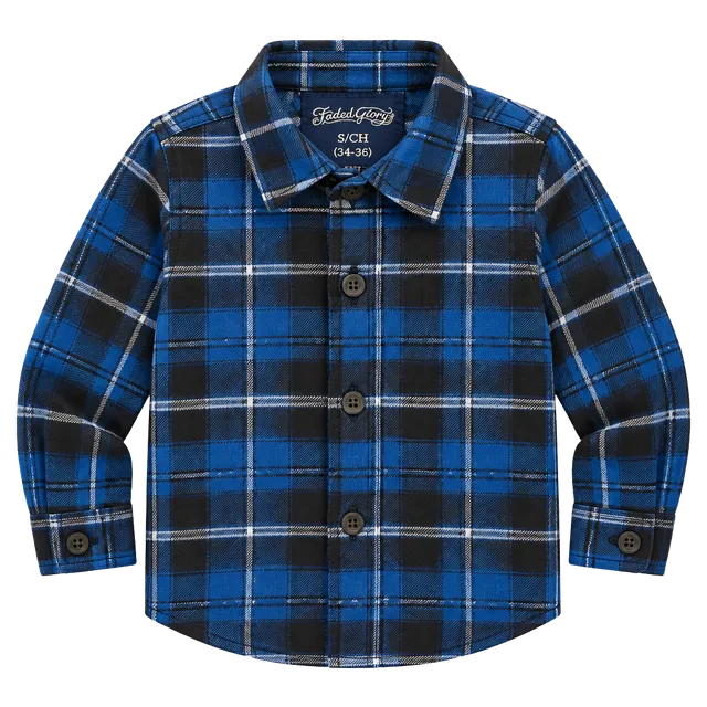 Faded Glory Plaid Flannel Shirt Size S/CH 34-36 Blue Brown Long Sleeve