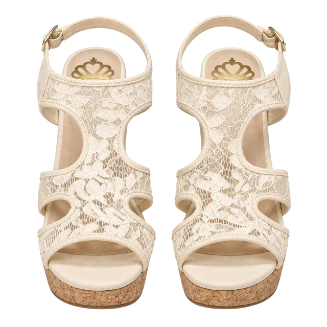Fergalicious Wedge Sandals Cream Lace Cork Platform Peep Toe