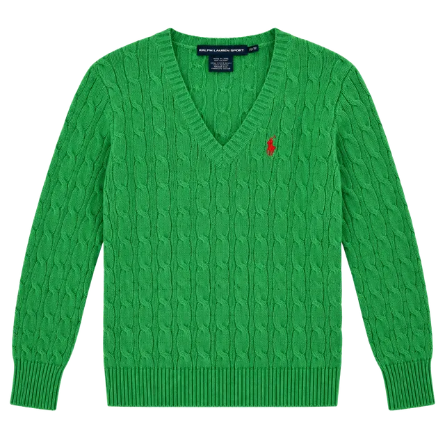 Ralph Lauren Sport Cable Knit V-Neck Sweater Size XS Green Merino Wool