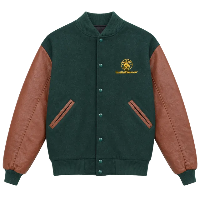Team Uniforms Smith & Wesson Wool Leather Varsity Jacket Green Brown