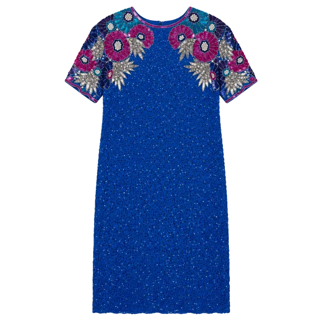 Stenay Beaded Silk Cocktail Dress Size 16 Blue Floral Sequin