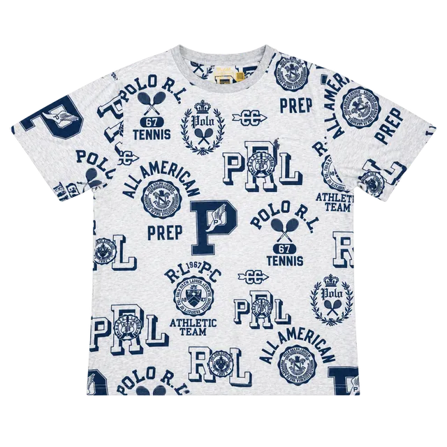 Polo Ralph Lauren All Over Print Graphic T-Shirt Grey Blue Youth XL