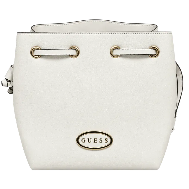 GUESS Womens White Bucket Bag Handbag Drawstring Gold Chain Shoulder Bag Purse