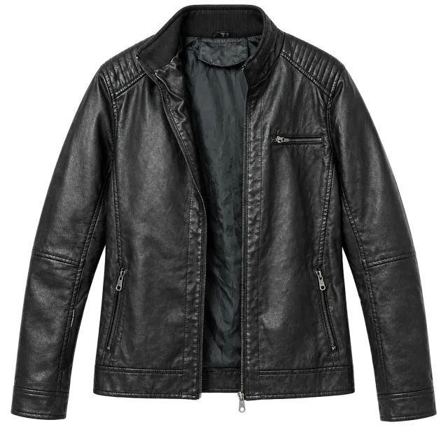 Mens Black Faux Leather Motorcycle Jacket Full Zip Quilted Moto