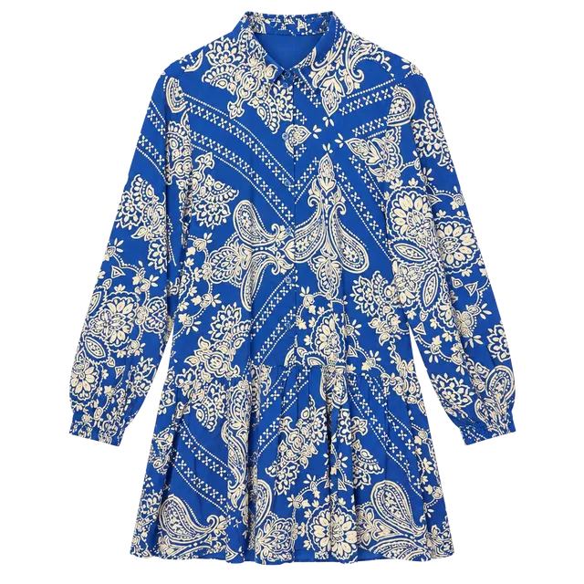 H&M Blue White Paisley Button Front Mini Dress Size M