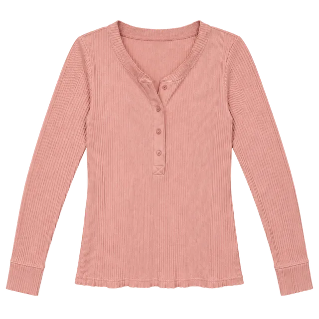 Aerie Long Sleeve Ribbed Henley Top Size XL Pink Cotton
