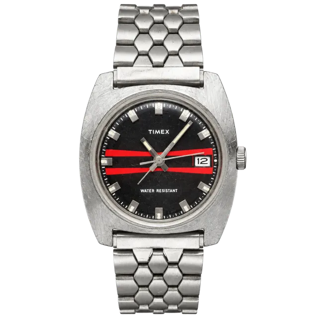 Timex Vintage Mechanical Watch Red Racing Stripe Black Dial Cushion