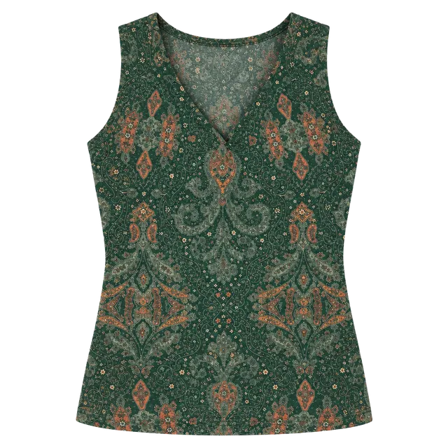 Vintage Y2K Early 2000s Green Paisley V-Neck Sleeveless Top
