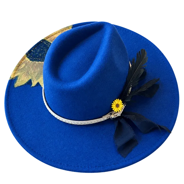 Indiana Designer Navy Blue Rancher Hat Hand Painted Sunflower