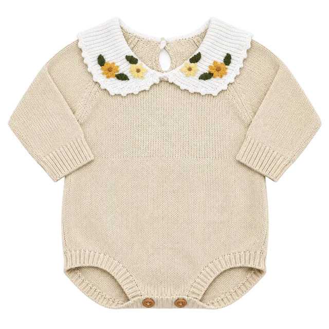 Baby Floral Embroidered Knit Bubble Romper Yellow