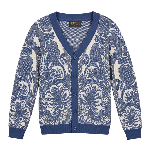 TRUTH Cardigan Sweater Size L Blue Patterned Cotton V-Neck