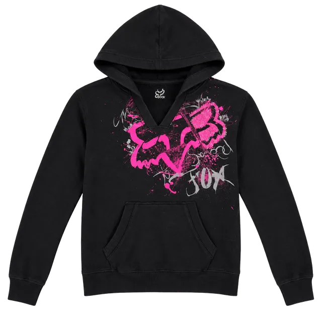Fox Racing V-Neck Hoodie Black Pink Y2K Graphic Pullover