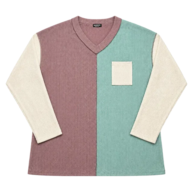 Heimish USA Colorblock V-Neck Waffle Knit Top Size L Long Sleeve Pocket