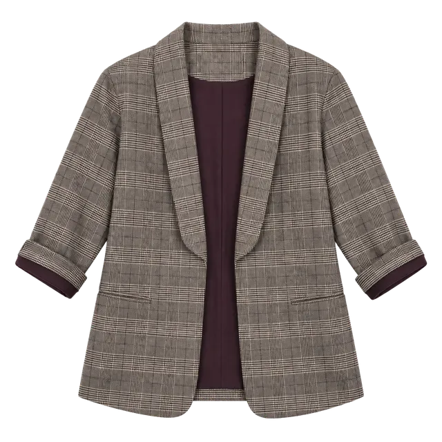 Lush Blazer Size M Coffee Multi Plaid Open Front Shawl Collar