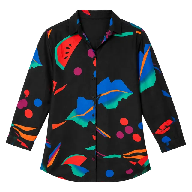 Shapely Abstract Fruit Print Button Up Blouse Size S