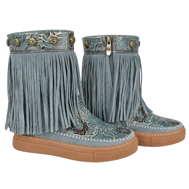L'Artiste Fringely Bootie Size 36 Blue Leather Fringe Tooled Floral Boots