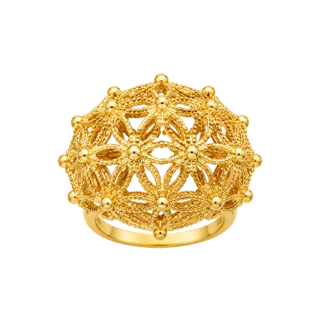 Vintage 1970s Gold Tone Filigree Flower Dome Statement Ring