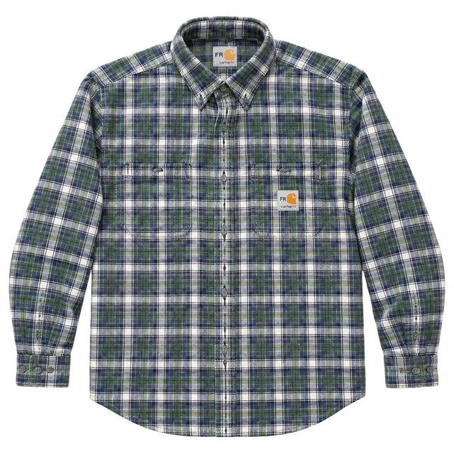 Carhartt FR Plaid Flannel Work Shirt Size Large Regular Green Blue