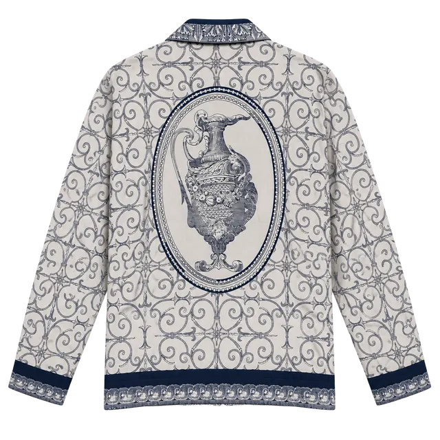 Peter Nygard Scroll Print 100% silk Bomber Jacket Size 14 Blue Cream