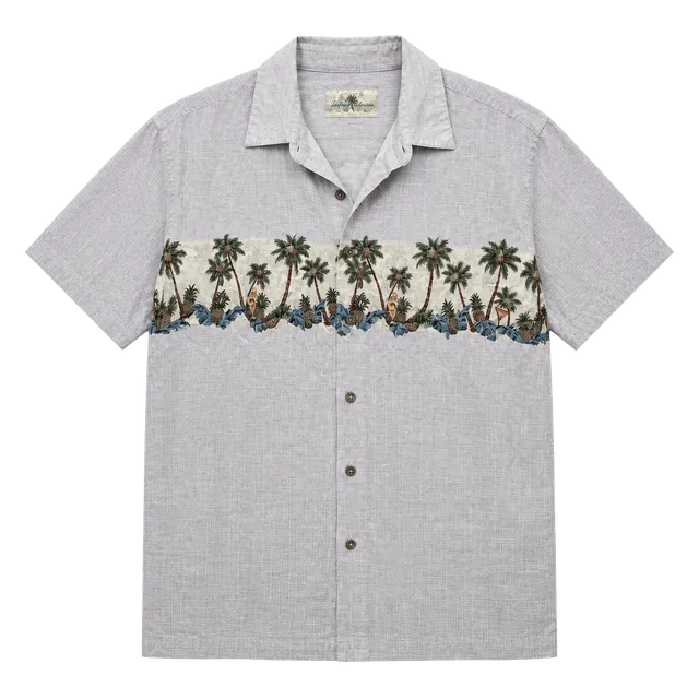 Island Shores Button-Down Shirt Size L Gray Palm Tree Rayon Short Sleeve