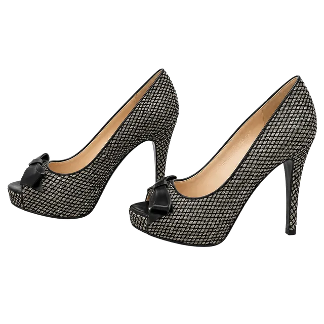 Nine West Peep Toe Heels Size 7.5 Black Gold Glitter