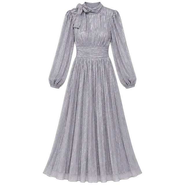 Anewsta Pleated Midi Dress Size S Silver Shimmer Long Sleeve