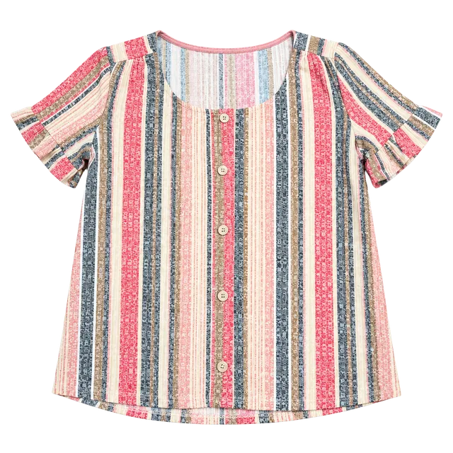 W5 Striped Blouse Size S Multicolor Button Front Ruffle Short Sleeve Top