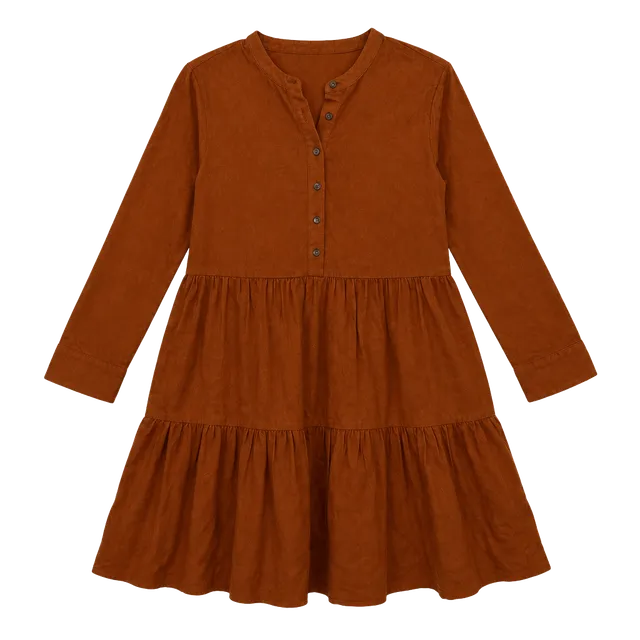 100% Cotton Madewell Tiered Mini Dress Size XS Rust Brown Long Sleeve Button Front
