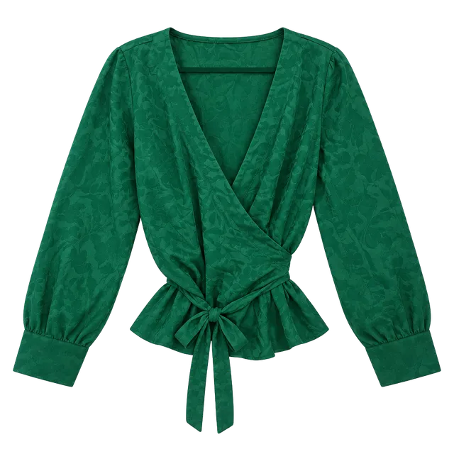 Boden Green Wrap Blouse Size US 14R Long Sleeve Tie Waist V-Neck