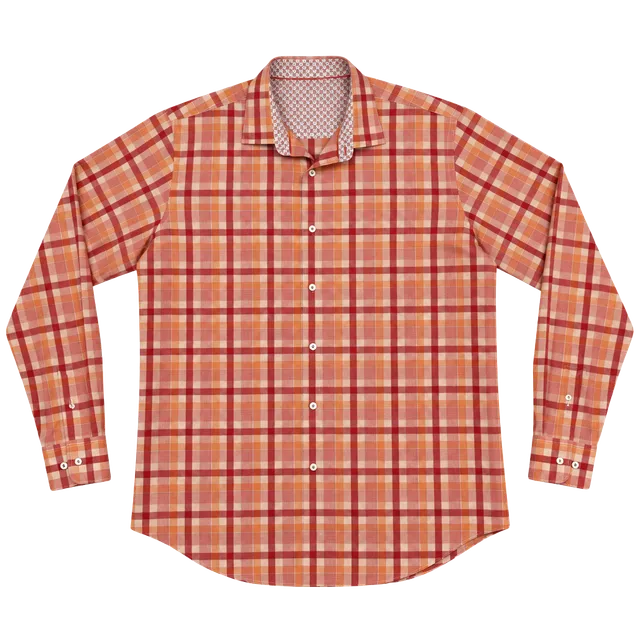 Bugatchi Uomo Button Up Shirt Men’s Large Classic Fit Long Sleeve Plaid Orange