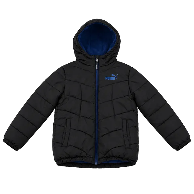 Puma Puffer Jacket Size M (10-12) Black Blue Hooded Fleece Lined