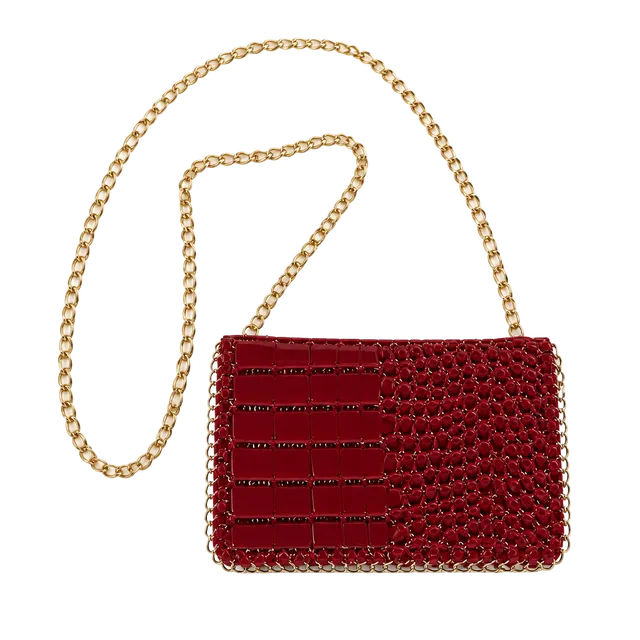 Red Faux Crocodile Embossed Crossbody Bag with Gold Chain