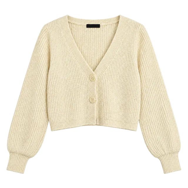 ASOS DESIGN Cropped Cardigan Size US 4 Off White Puff Sleeve Acrylic Blend
