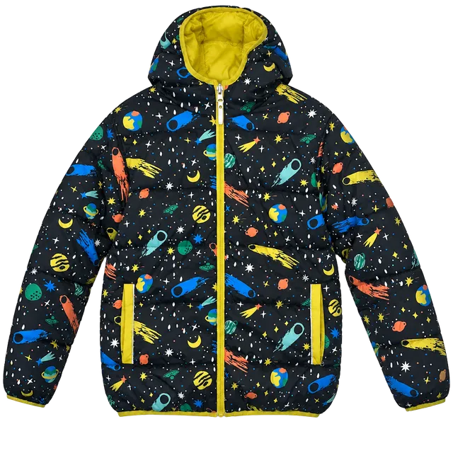 Hanna Andersson Reversible Puffer Jacket Size 12 Space Print Yellow