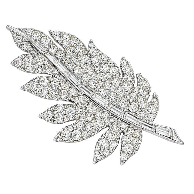 Crest Pell Vintage Rhinestone Leaf Brooch Silver Tone