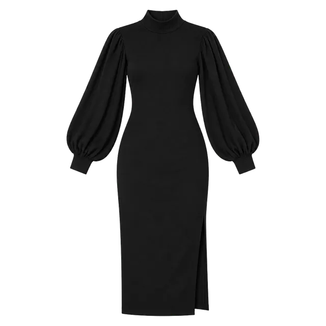 Susana Monaco Black Midi Dress Size L Turtleneck Balloon Sleeve Cocktail LBD