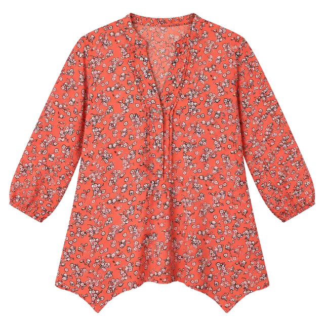 Democracy Floral Blouse Size S Orange V-Neck Tunic Top