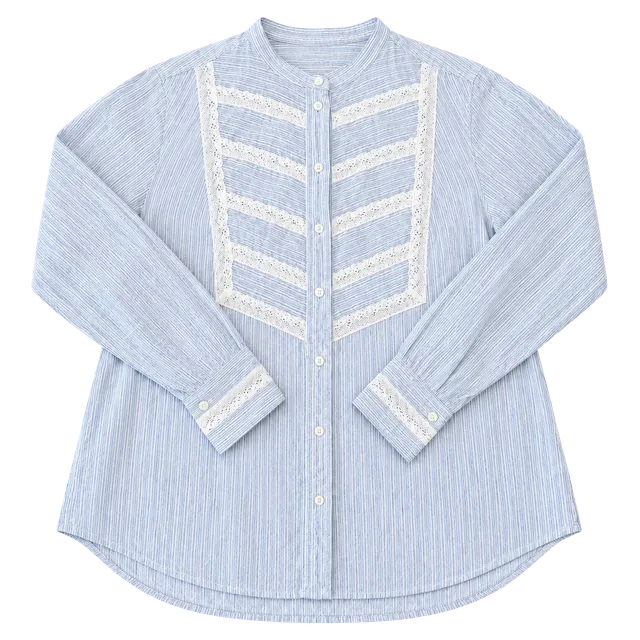 La Vie Rebecca Taylor Lace Inset Pinstripe Button Down Blouse Top Blue White S