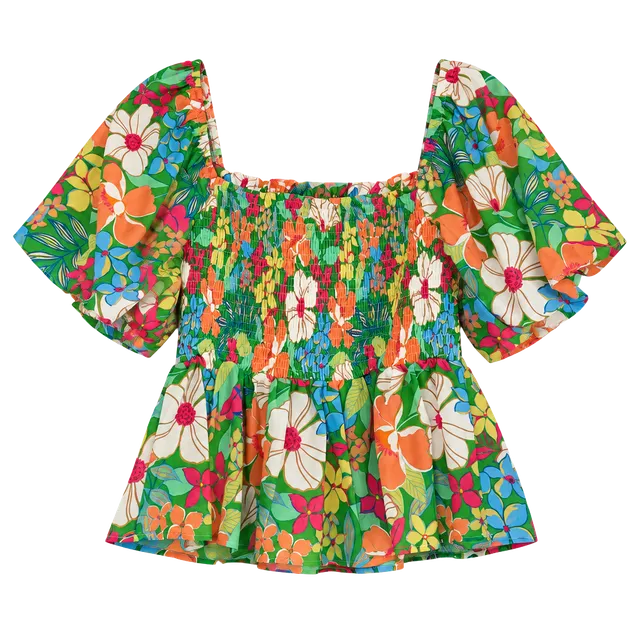 Flying Tomato Floral Smocked Peplum Blouse Size L Short Puff Sleeve Top